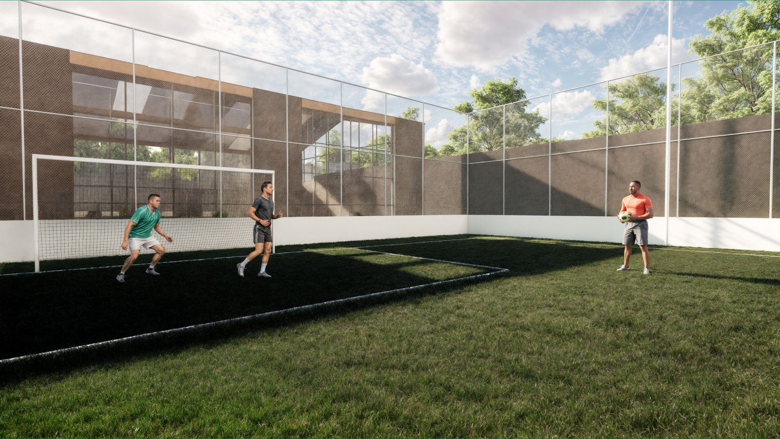 Campo de futebol com grama natural e iluminação